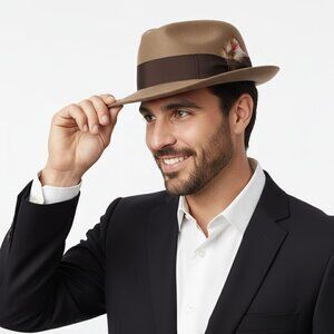 Vintage Men's Commardore Wool Felt Fedora Trilby Hat Retro Feather Brown Tan